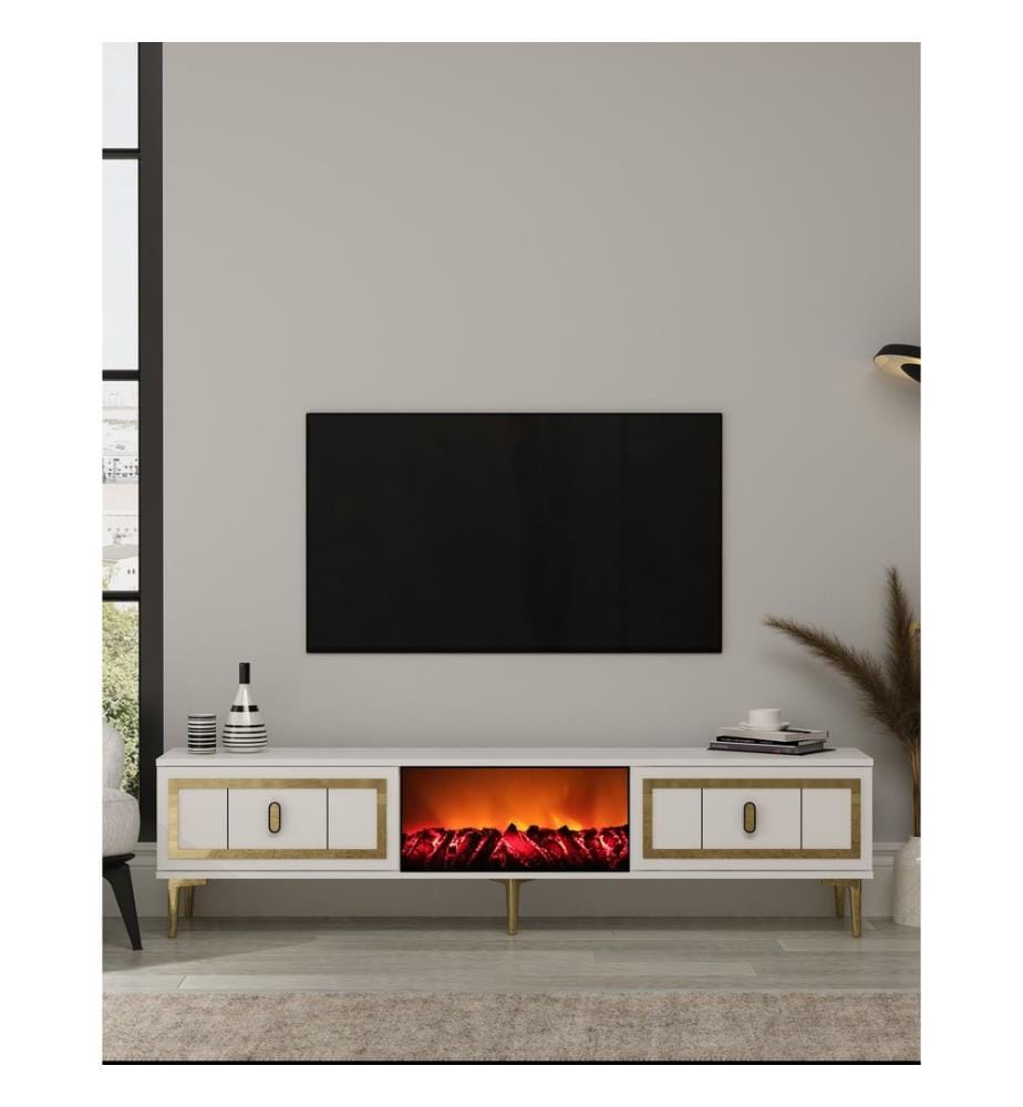 Meuble TV, blanc, doré, 100 % PANNEAUX DE PARTICULES RECOUVERTS DE MÉLAMINE