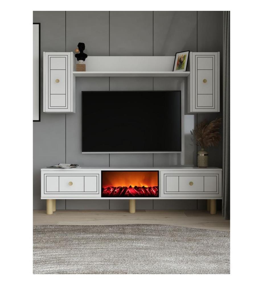 Meuble TV, blanc, PANNEAU DE PARTICULES ENTIÈREMENT RECOUVERT DE MÉLAMINE