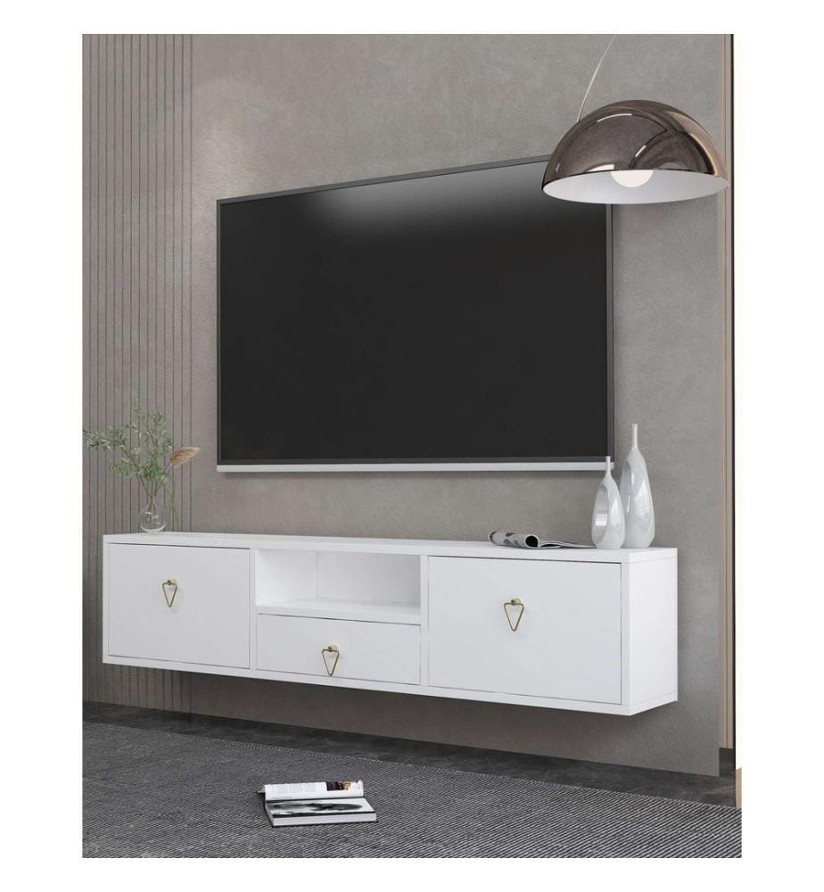 Meuble TV, blanc, doré, PANNEAU DE PARTICULES ENTIÈREMENT RECOUVERT DE MÉLAMINE