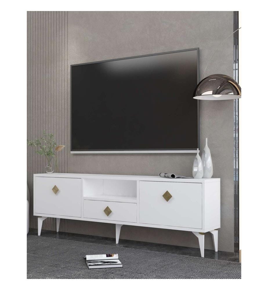 Meuble TV, blanc, doré, PANNEAU DE PARTICULES ENTIÈREMENT RECOUVERT DE MÉLAMINE