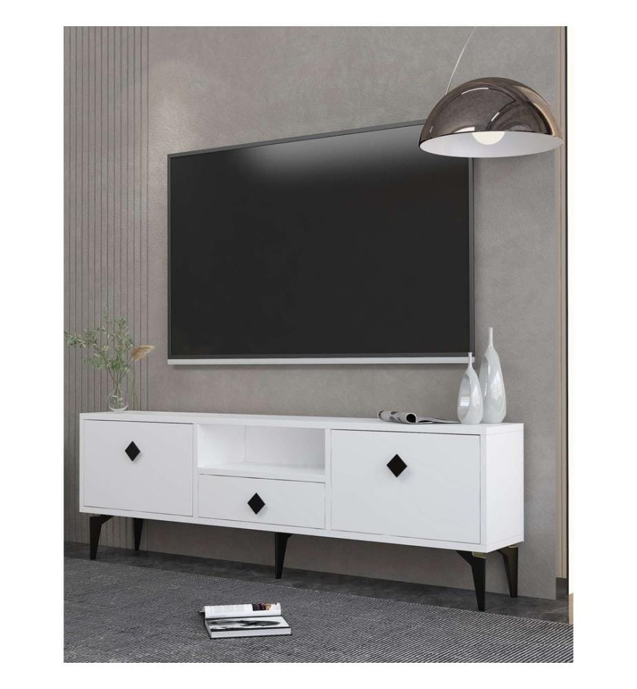 Meuble TV, blanc, noir, PANNEAU DE PARTICULES ENTIÈREMENT RECOUVERT DE MÉLAMINE