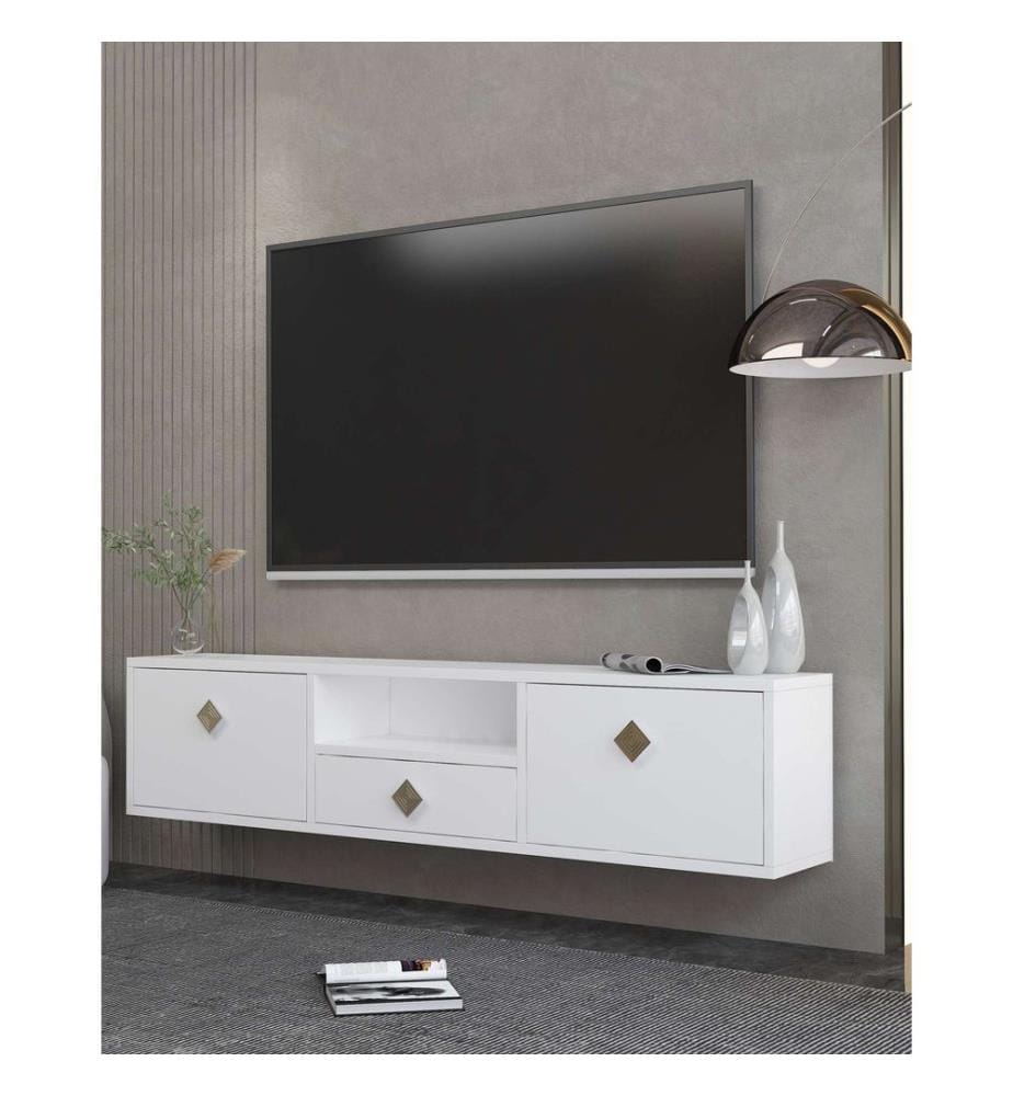 Meuble TV, blanc, doré, PANNEAU DE PARTICULES ENTIÈREMENT RECOUVERT DE MÉLAMINE