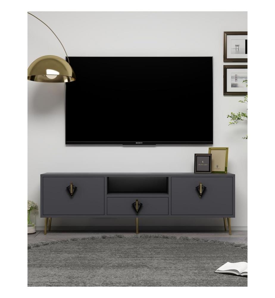 Meuble TV, anthracite, noir, doré, PANNEAU DE PARTICULES 100 % MÉLAMINÉ