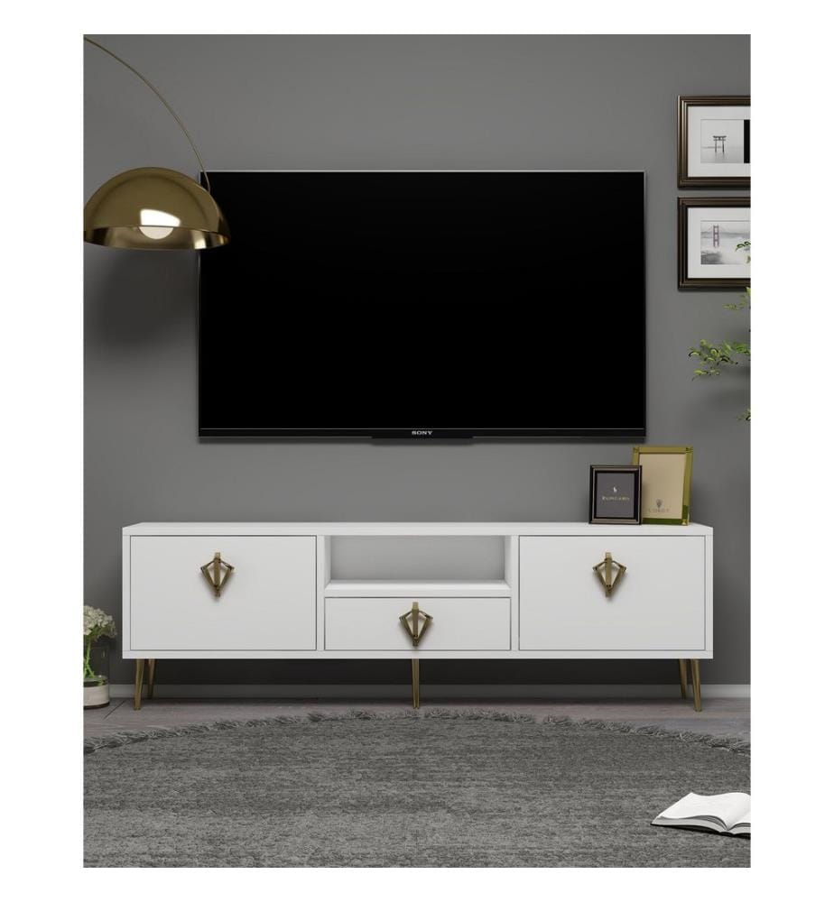 Meuble TV, blanc, or, PANNEAU DE PARTICULES 100 % REVÊTU DE MÉLAMINE