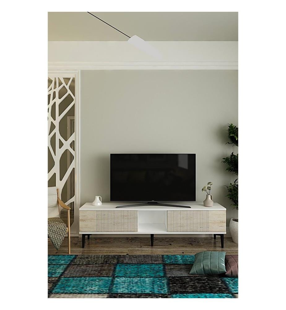 Meuble TV, blanc, travertin, PANNEAU DE PARTICULES 100 % REVÊTU DE MÉLAMINE