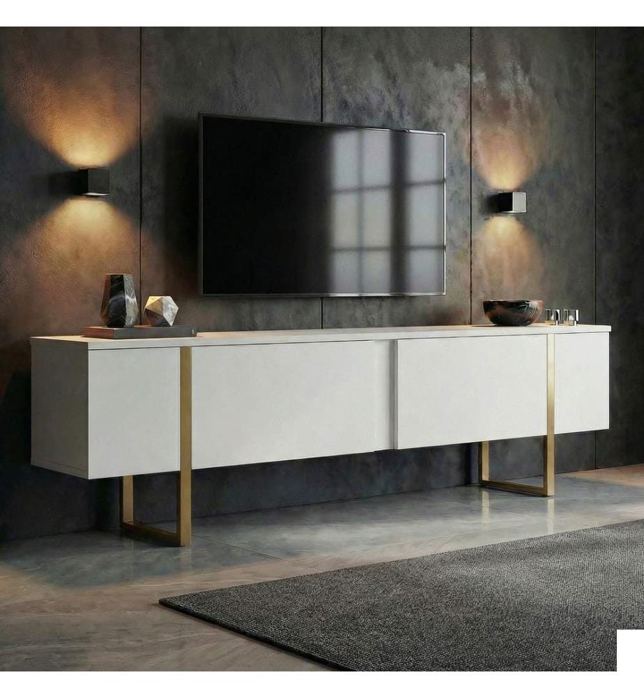 Meuble TV, blanc, doré, 100 % aggloméré mélaminé