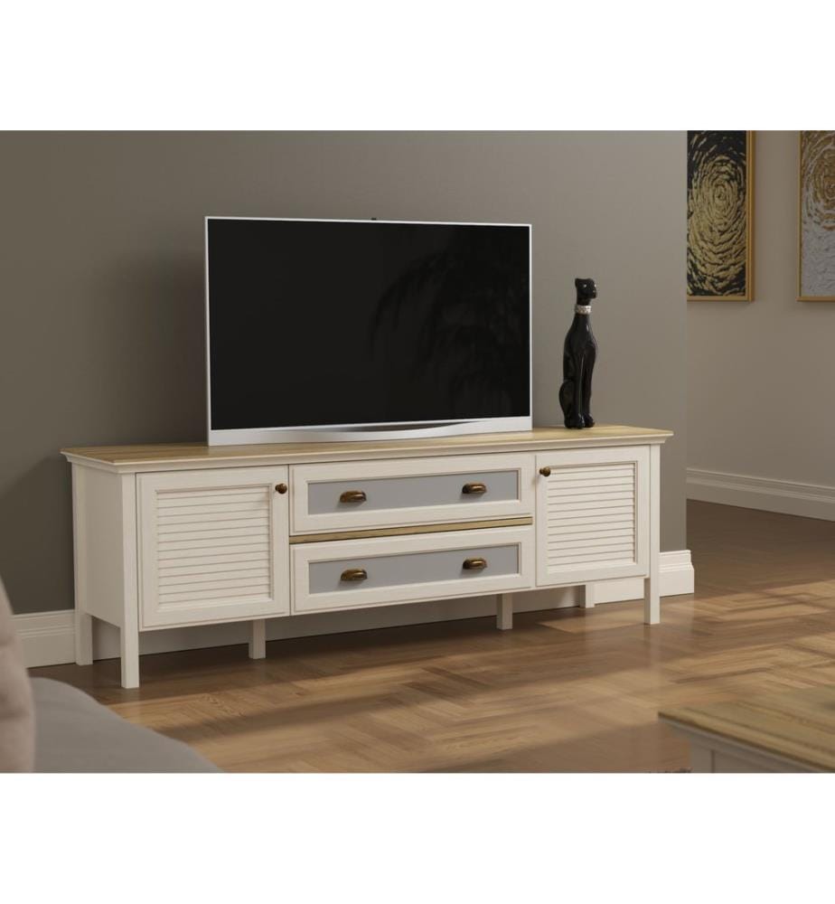 Meuble TV, crème, chêne, gris, PANNEAU DE PARTICULES ENTIÈREMENT RECOUVERT DE MÉLAMINE