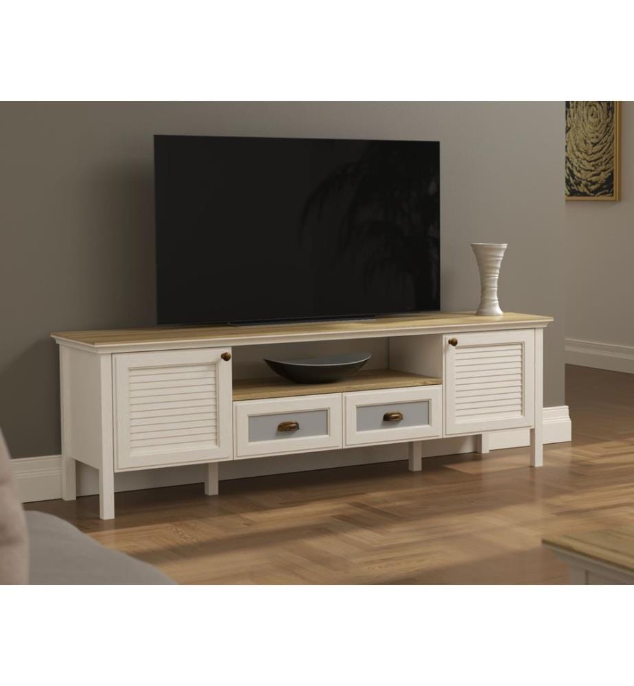 Meuble TV, crème, chêne, gris, PANNEAU DE PARTICULES ENTIÈREMENT RECOUVERT DE MÉLAMINE