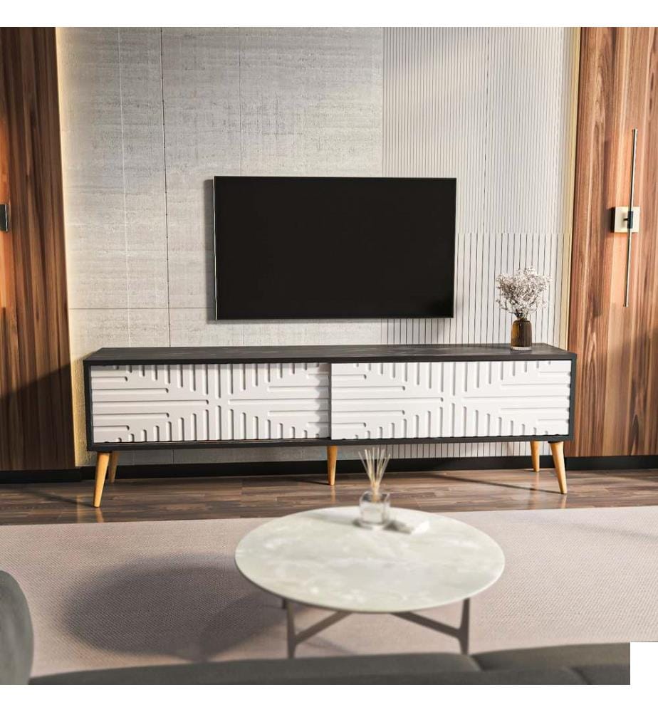 Meuble TV, Bendire Blanc, PANNEAU DE PARTICULES ENTIÈREMENT RECOUVERT DE MÉLAMINE