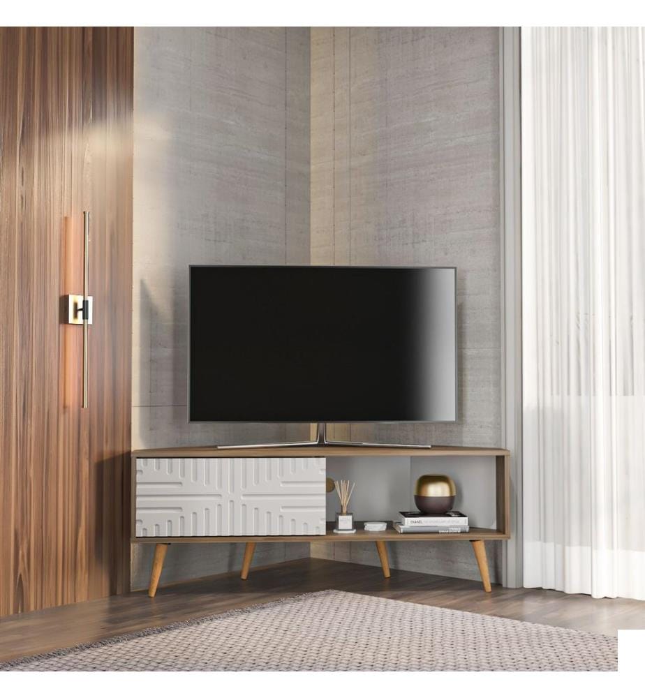 Meuble TV, noyer, blanc, 100 % MÉLAMINE REVÊTUE DE PARTICULES