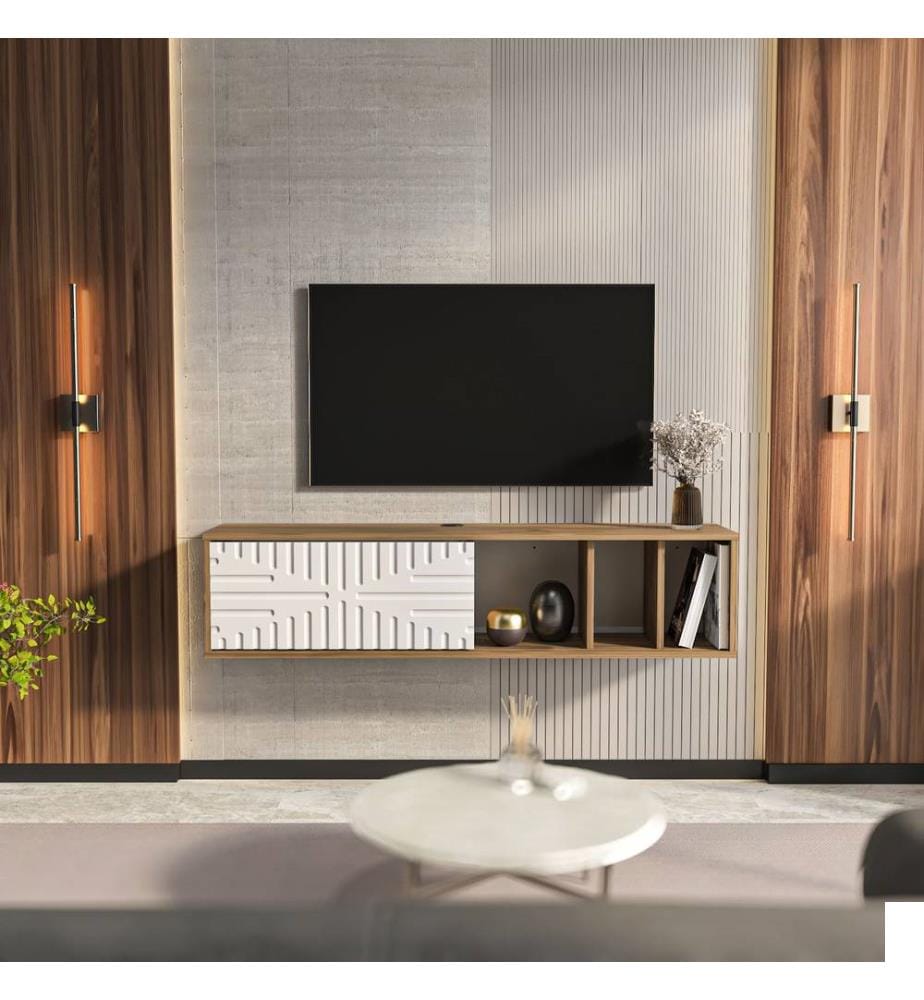 Meuble TV, noyer, blanc, 100 % PANNEAUX DE PARTICULES REVÊTUS DE MÉLAMINE