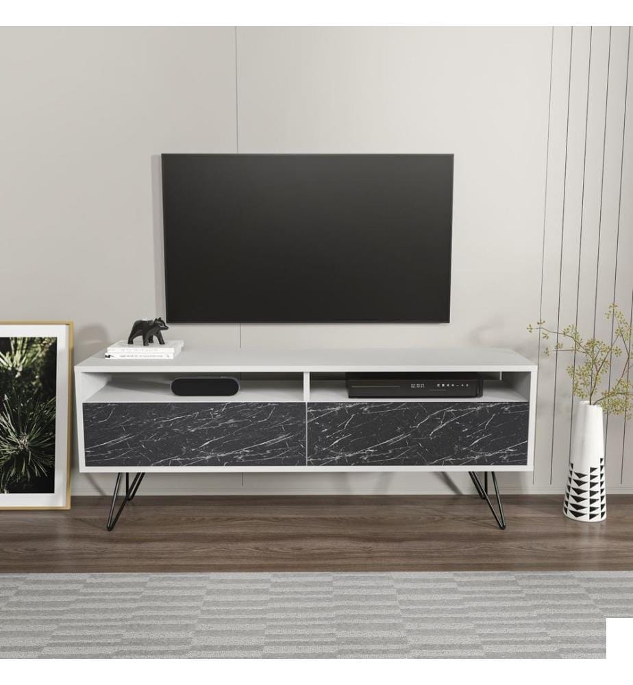 Meuble TV, blanc, Bendire, 100 % PANNEAU DE PARTICULES REVÊTU DE MÉLAMINE