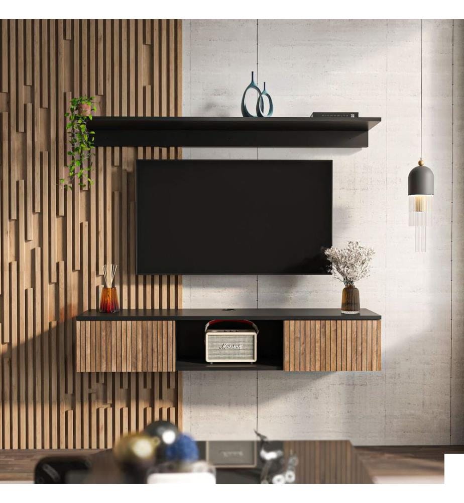 Meuble TV, bois, noir, 100 % PANNEAU DE PARTICULES REVÊTU DE MÉLAMINE