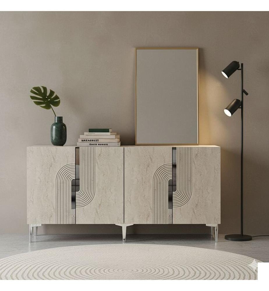 Console, blanche, travertin, argent, PANNEAU DE PARTICULES ENTIÈREMENT RECOUVERT DE MÉLAMINE