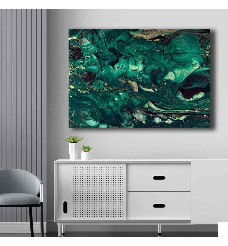 Peinture décorative sur toile, vert, crème, or, noir, 100% toile, cadre en bois de pin