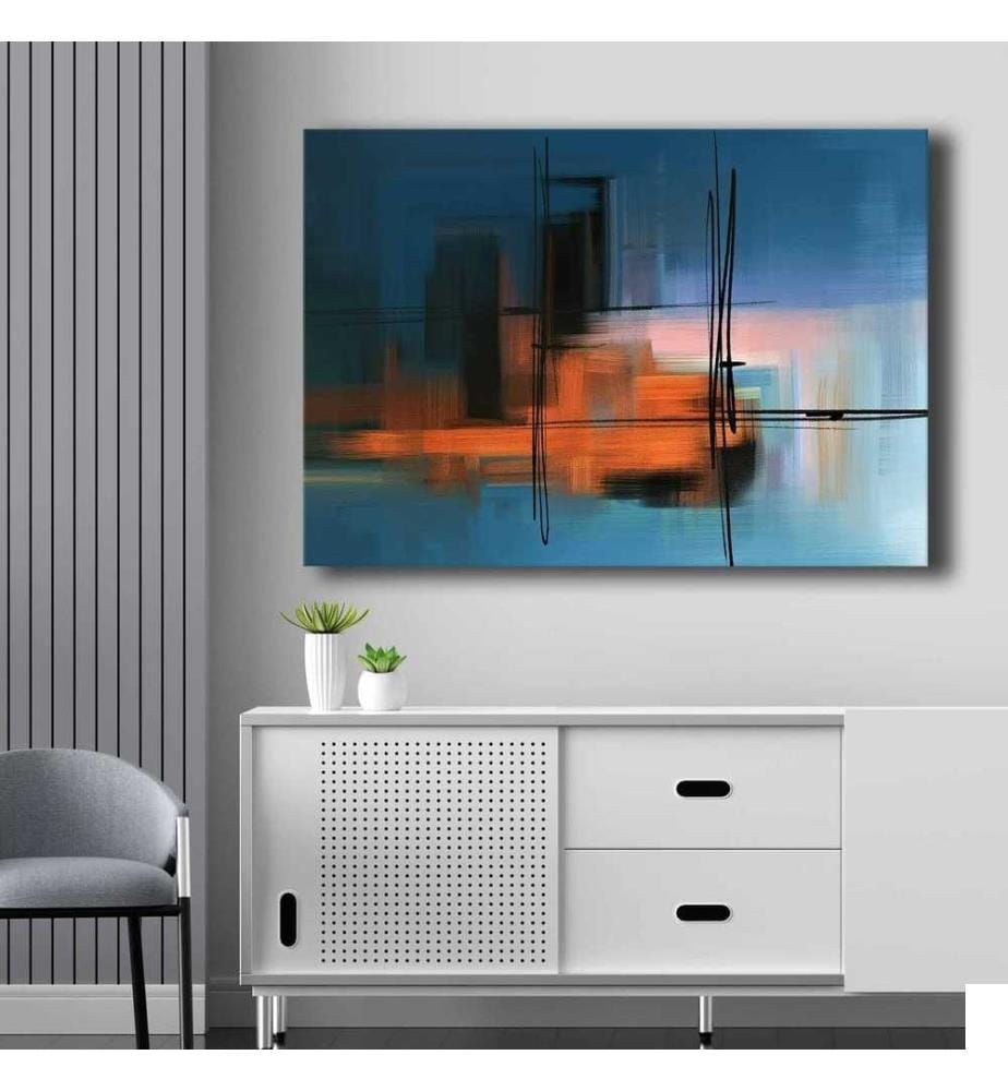 Peinture décorative sur toile, bleu, orange, rose, noir, 100% toile, cadre en bois de pin
