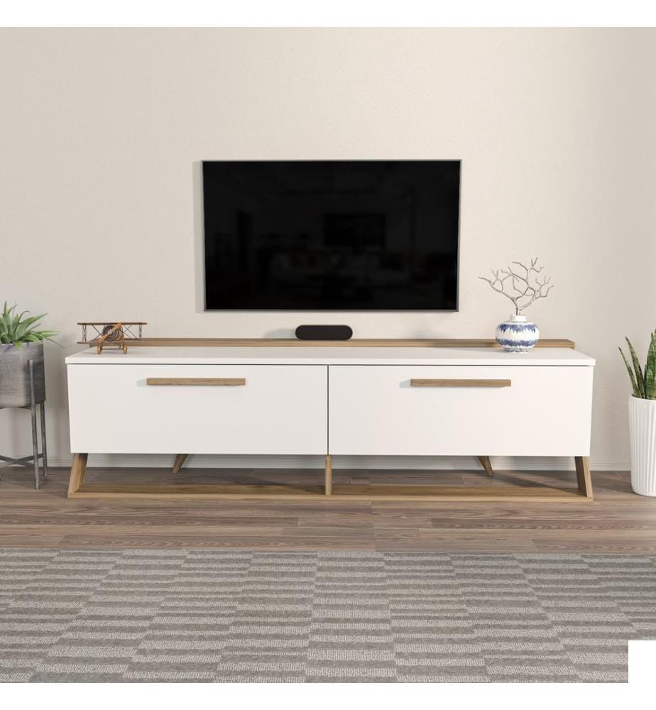 Meuble TV, Blanc, Noyer, Panneau de particules mélaminé