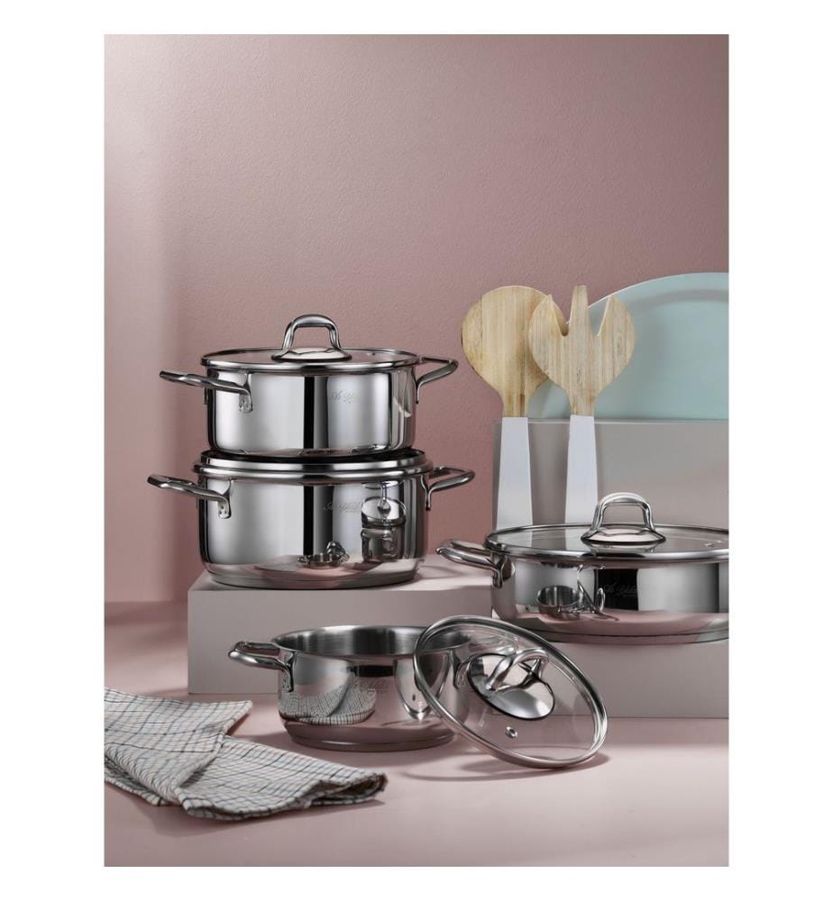 Set de casseroles, 8 pièces, argent, 100 % ACIER INOXYDABLE