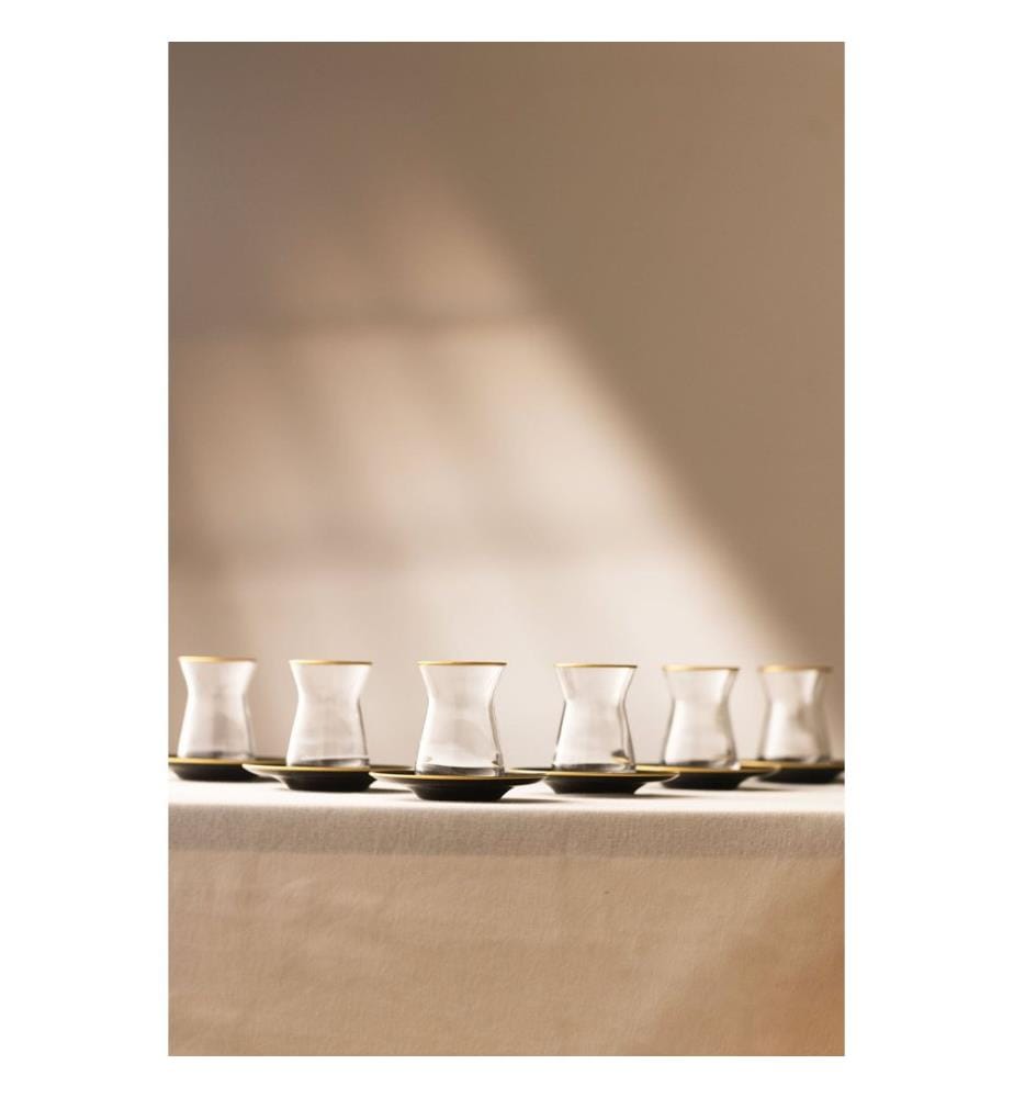 Set de verres à thé, 12 pièces, transparent, or, noir, 100% VERRE