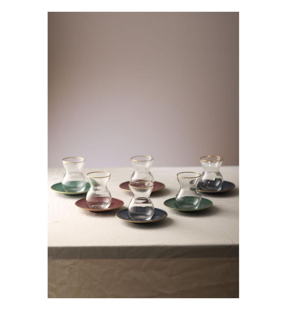 Set de verres à thé, 12 pièces, transparent, or, bleu foncé, bourgogne, vert, 100% VERRE