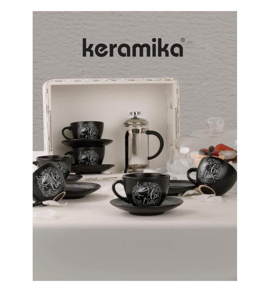 Set de tasses à thé, 12 pièces, noir mat, céramique, n'absorbe pas l'eau