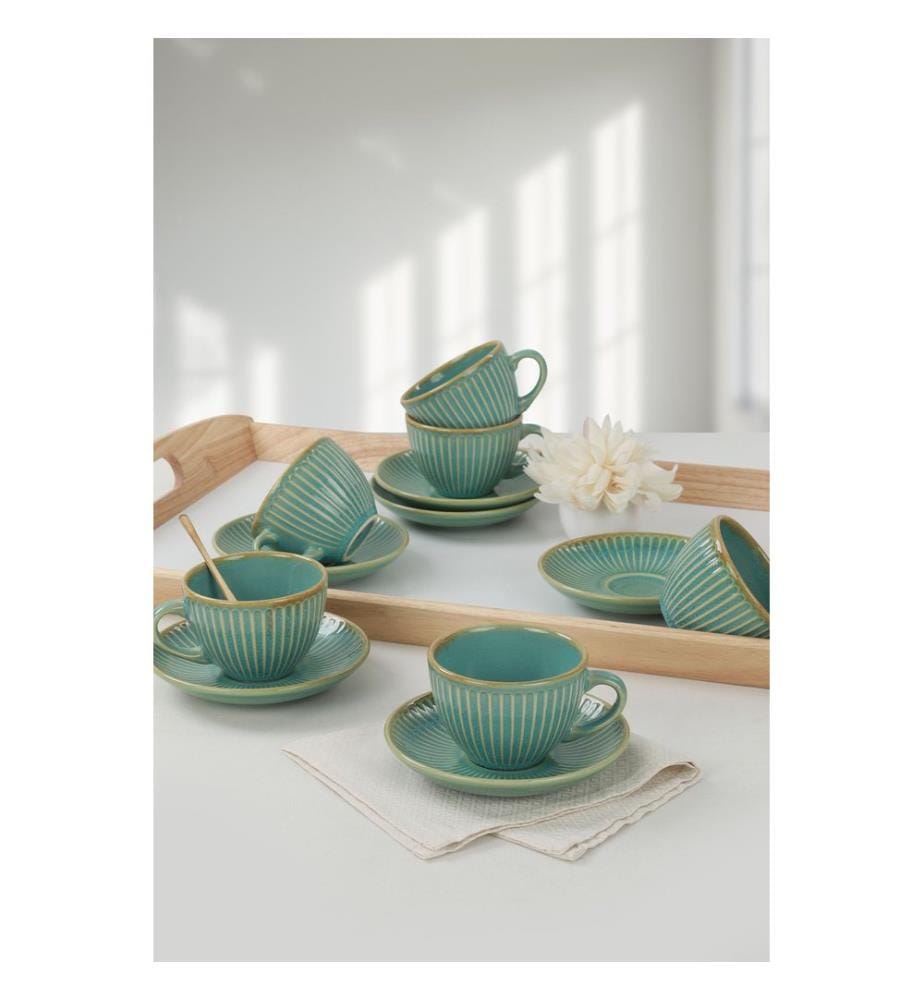Set de tasses à thé, 12 pièces, Turquoise, Marron, Céramique, N'absorbe pas l'eau
