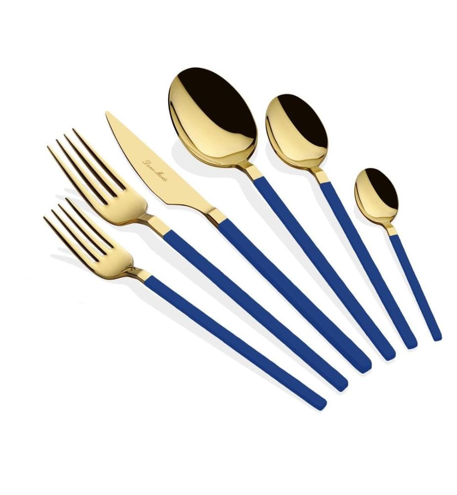 Ensemble de couverts, 36 pièces, or, bleu, 100% INOX