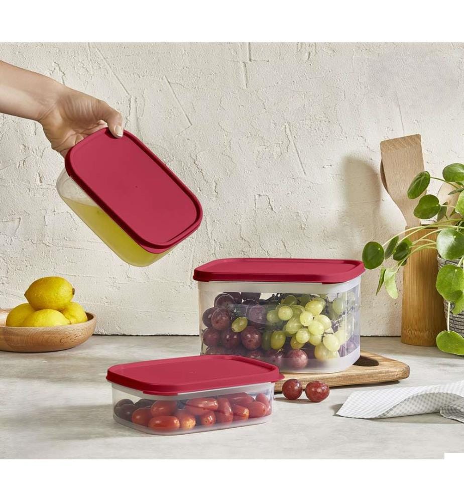 Ensemble de 3 boîtes de rangement, 100 % plastique, rouges et transparentes.