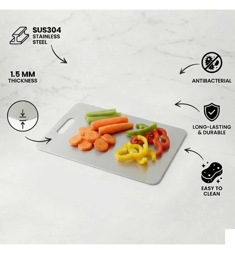Planche à découper, 100 % acier inoxydable SUS304, argent