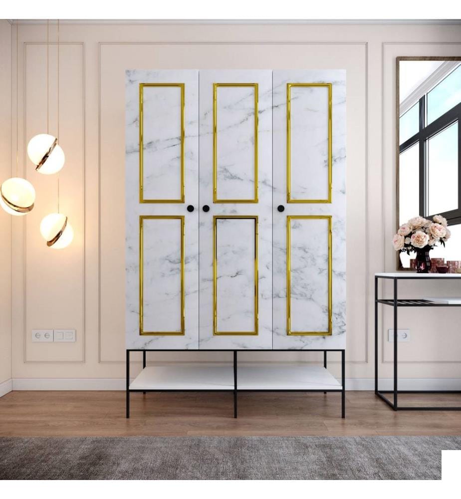 Blanc, Noir, Or, Armoires, 200X126X50 cm, Plaque De Particules À Revêtement En Mélamine