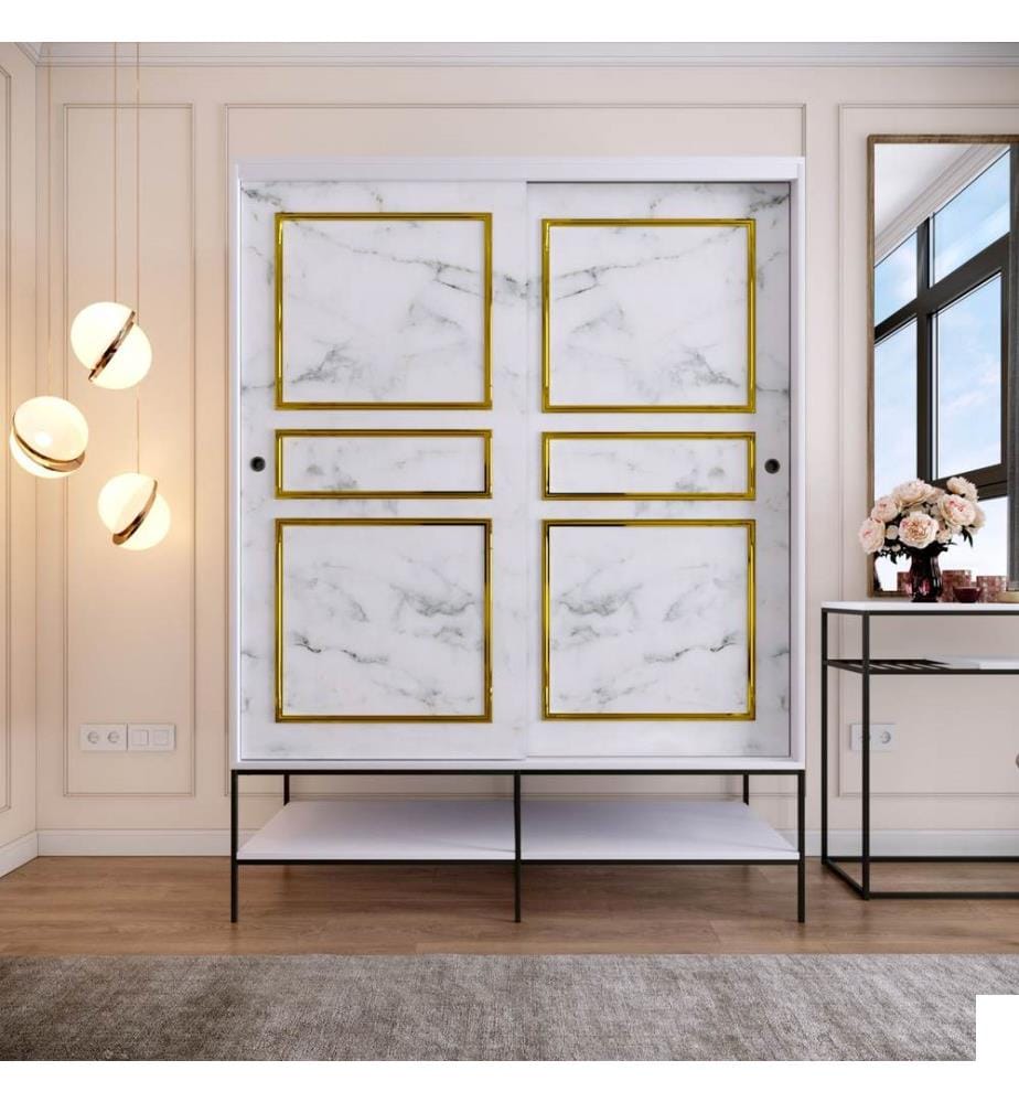 Blanc, Noir, Or, Armoires, 200X150X57 cm, Plaque De Particules À Revêtement De Mélamine