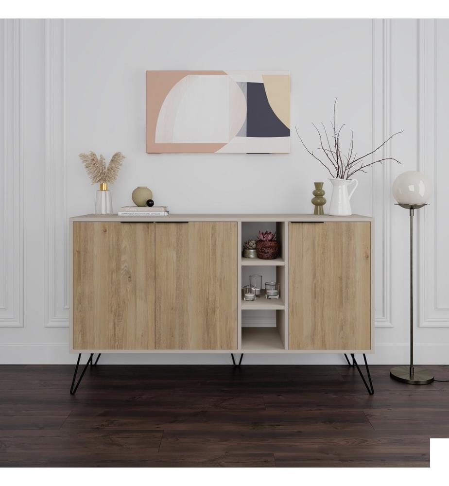 Console, grès, chêne, panneau de particules 100 % mélaminé, pieds en métal