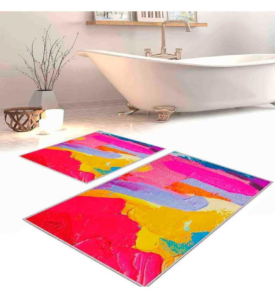 Set de tapis de bain, 2 pièces, rose, jaune, lilas, violet, bleu, 100% polyester, 60 x 100 cm (1 pièce), 50 x 60 cm (1 pièce)