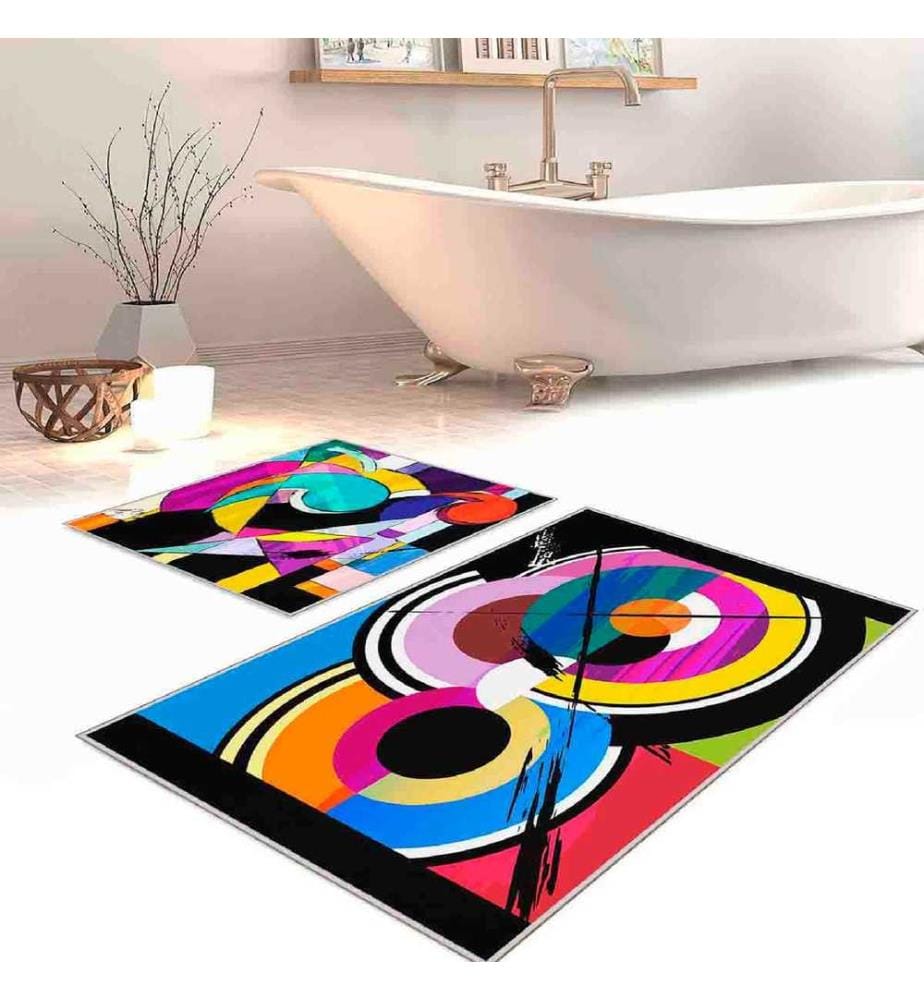 Set de tapis de bain, 2 pièces, bleu, orange, vert, rouge, noir, 100% polyester, 60 x 100 cm (1 pièce), 50 x 60 cm (1 pièce)
