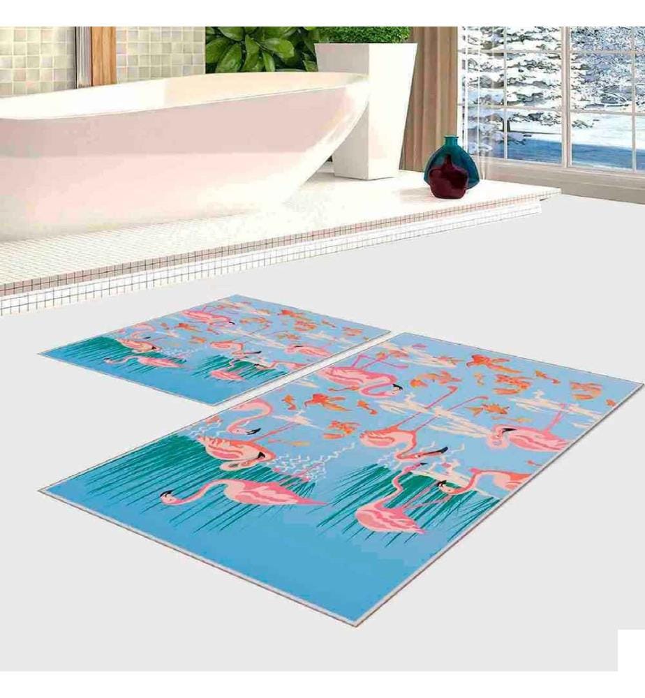 Set de tapis de bain, 2 pièces, Turquoise, Bleu, Rose, Orange, 100% Polyester, 60 x 100 cm (1 pièce), 50 x 60 cm (1 pièce)