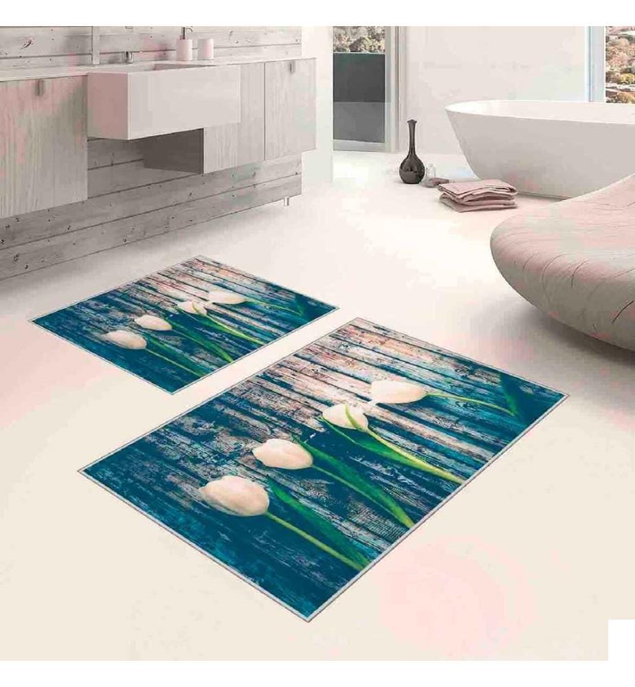 Set de tapis de bain, 2 pièces, vert, blanc, bleu, 100% polyester, 60 x 100 cm (1 pièce), 50 x 60 cm (1 pièce)