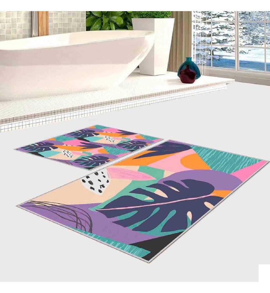 Set de tapis de bain, 2 pièces, orange, rose, violet, lilas, vert, 100% polyester, 60 x 100 cm (1 pièce), 50 x 60 cm (1 pièce)