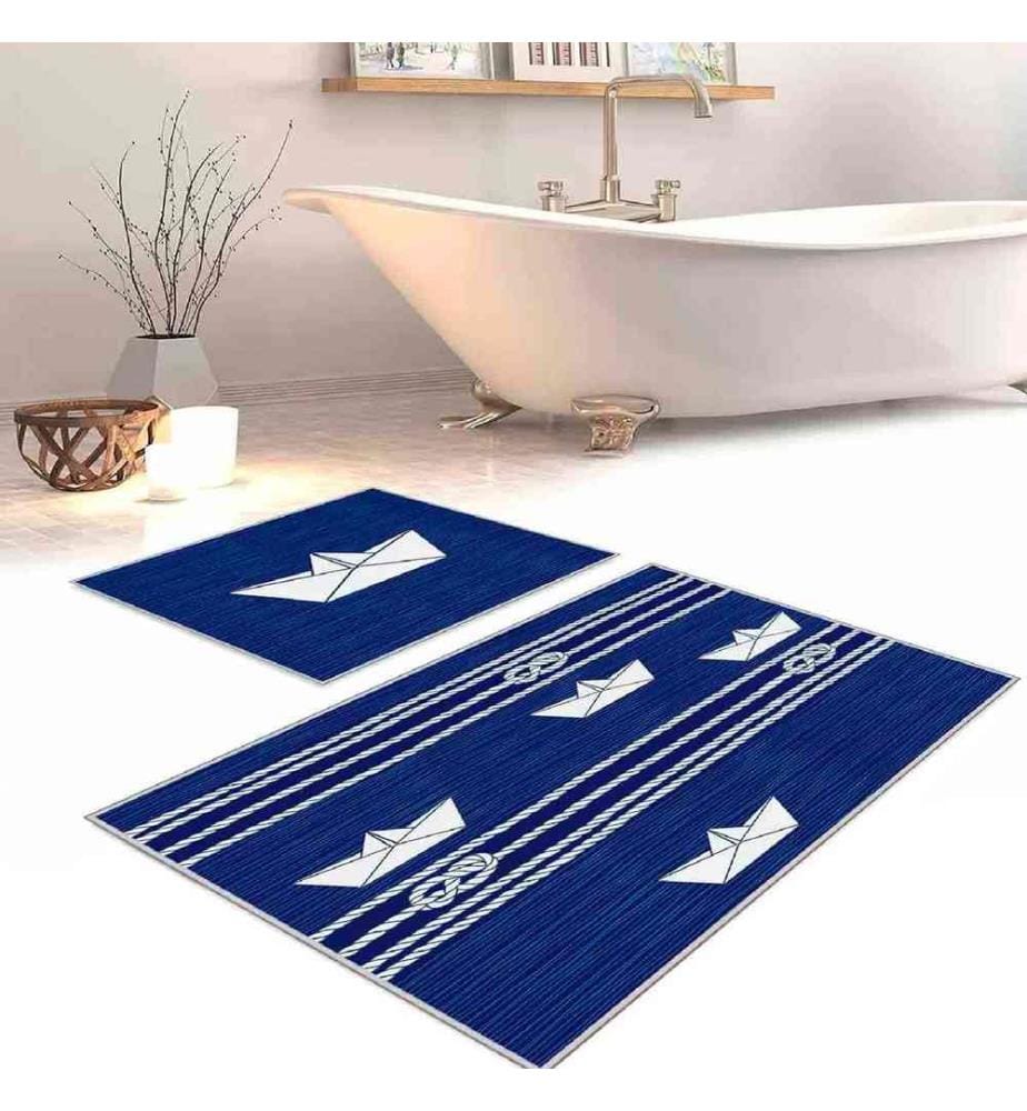 Set de tapis de bain, 2 pièces, blanc, bleu marine, 100% polyester, 60 x 100 cm (1 pièce), 50 x 60 cm (1 pièce)