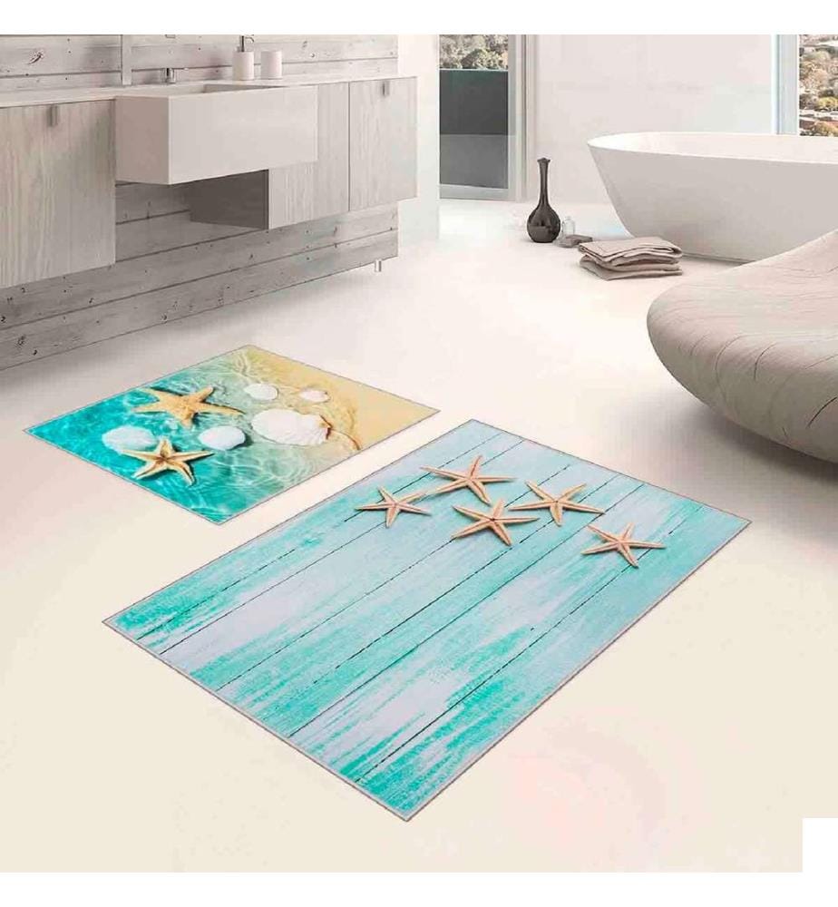 Set de tapis de bain, 2 pièces, blanc, turquoise, beige, 100% polyester, 60 x 100 cm (1 pièce), 50 x 60 cm (1 pièce)