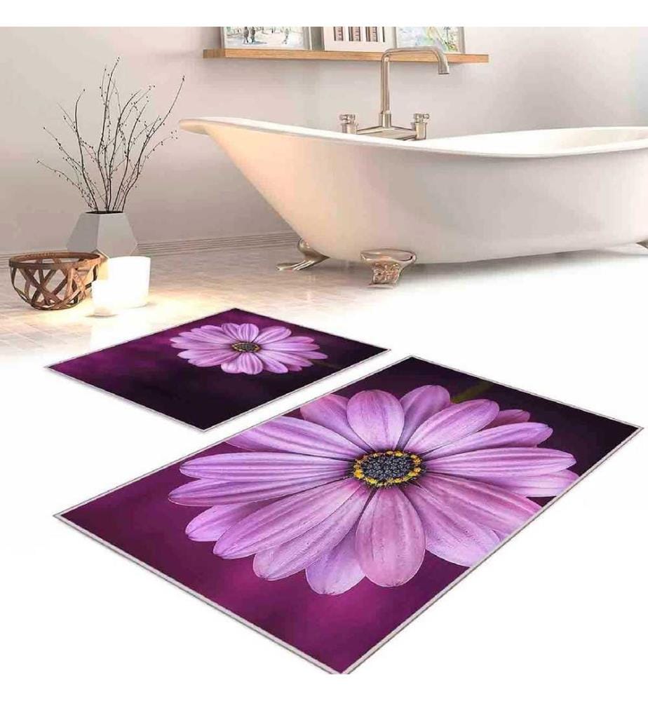 Set de tapis de bain, 2 pièces, rose, violet, gris, 100% polyester, 60 x 100 cm (1 pièce), 50 x 60 cm (1 pièce)