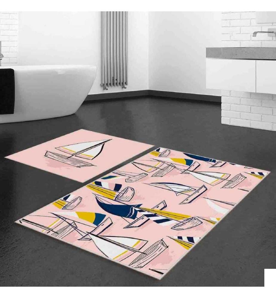 Set de tapis de bain, 2 pièces, rose, blanc, jaune, bleu marine, 100% polyester, 60 x 100 cm (1 pièce), 50 x 60 cm (1 pièce)
