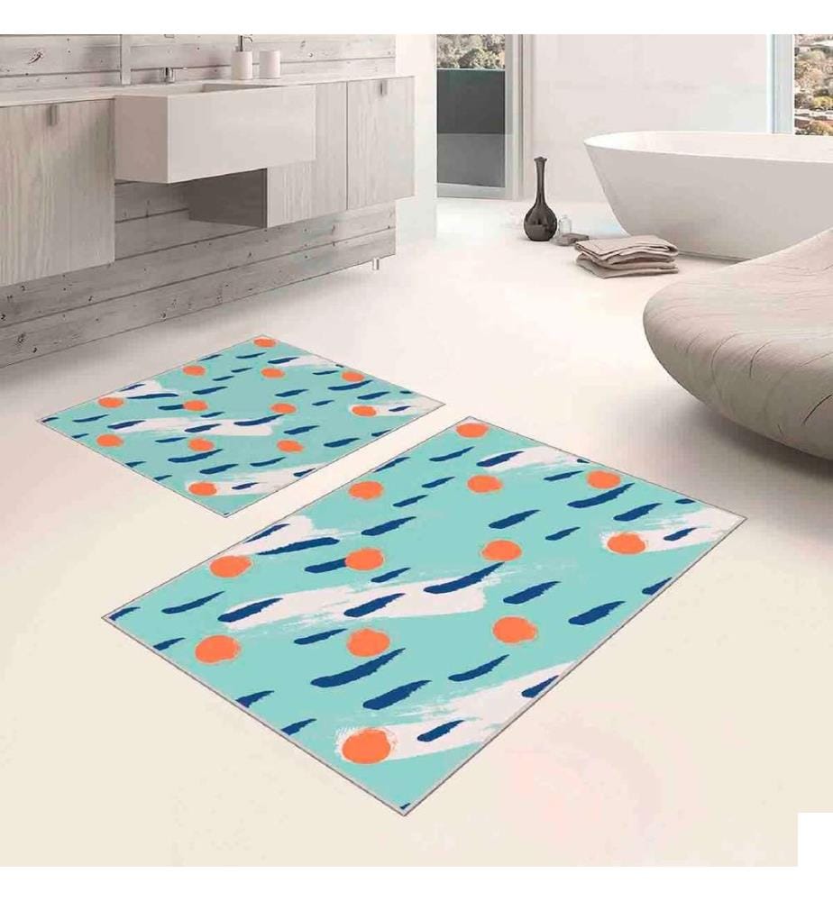 Set de tapis de bain, 2 pièces, blanc, bleu, orange, bleu marine, 100% polyester, 60 x 100 cm (1 pièce), 50 x 60 cm (1 pièce)