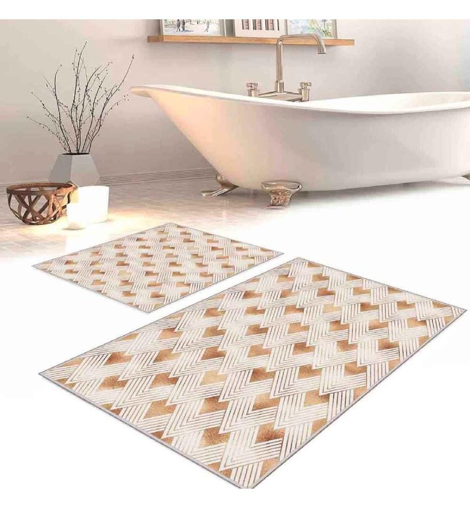 Set de tapis de bain, 2 pièces, blanc, or, 100% polyester, 60 x 100 cm (1 pièce), 50 x 60 cm (1 pièce)