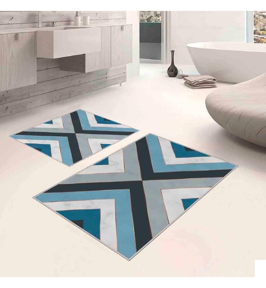 Set de tapis de bain, 2 pièces, blanc, gris, bleu, gris foncé, 100% polyester, 60 x 100 cm (1 pièce), 50 x 60 cm (1 pièce)