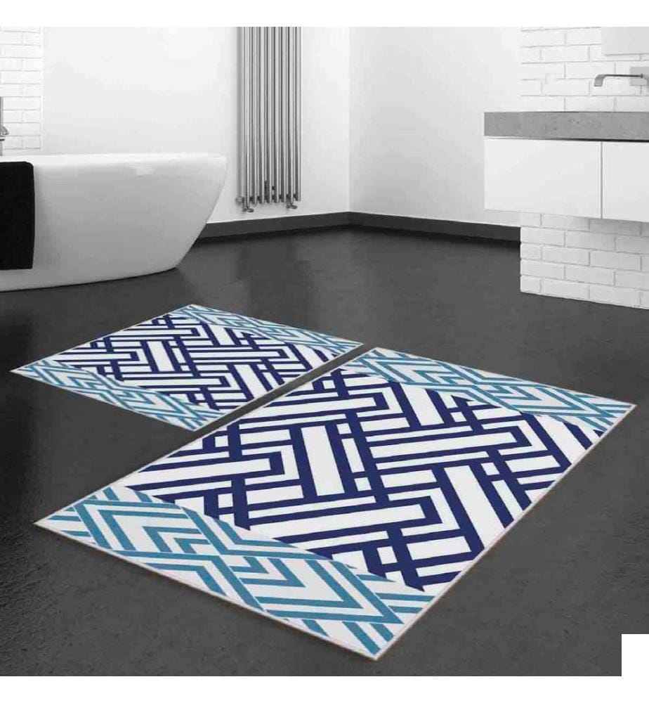 Set de tapis de bain, 2 pièces, blanc, bleu, bleu marine, 100% polyester, 60 x 100 cm (1 pièce), 50 x 60 cm (1 pièce)