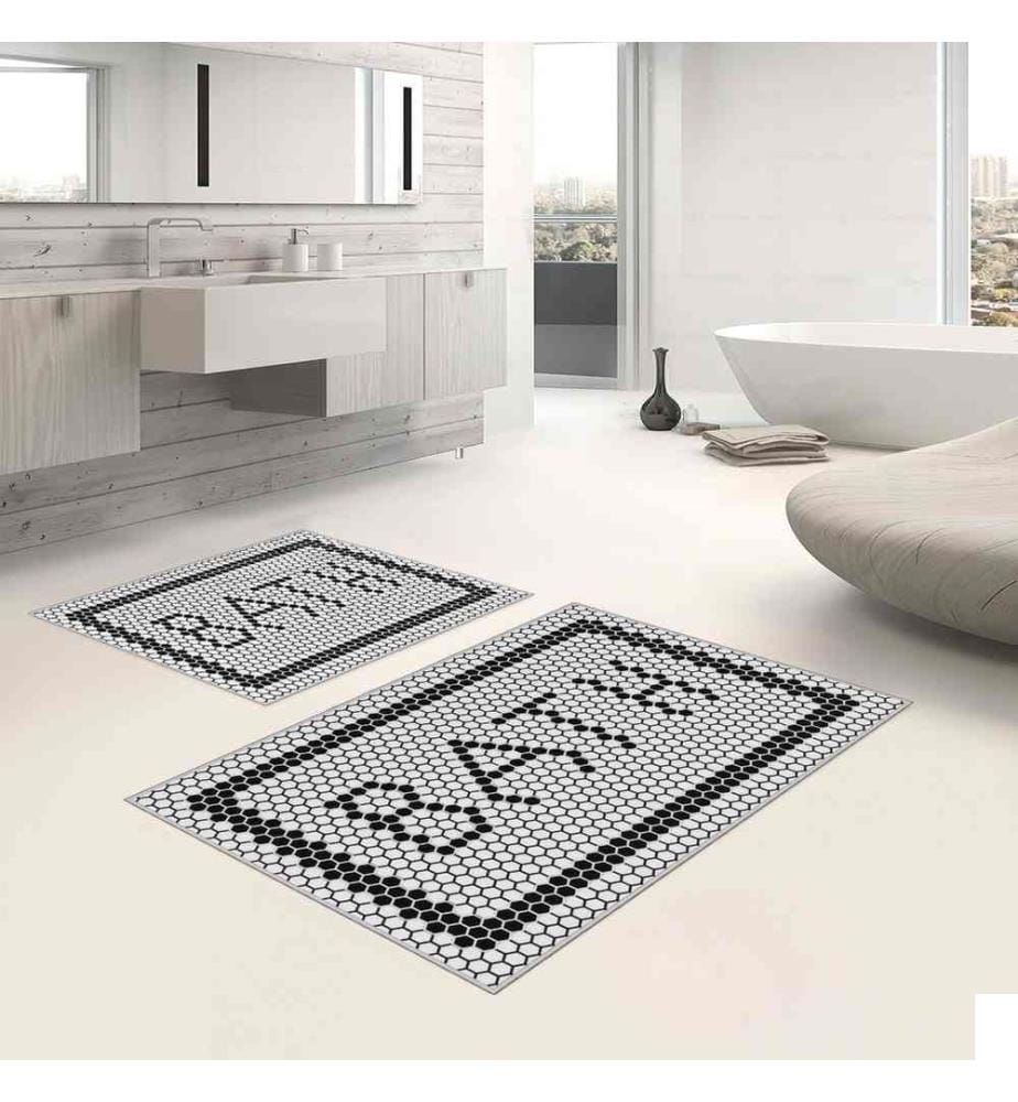 Set de tapis de bain, 2 pièces, blanc, noir, 100% polyester, 50 x 80 cm (1 pièce), 60 x 100 cm (1 pièce)