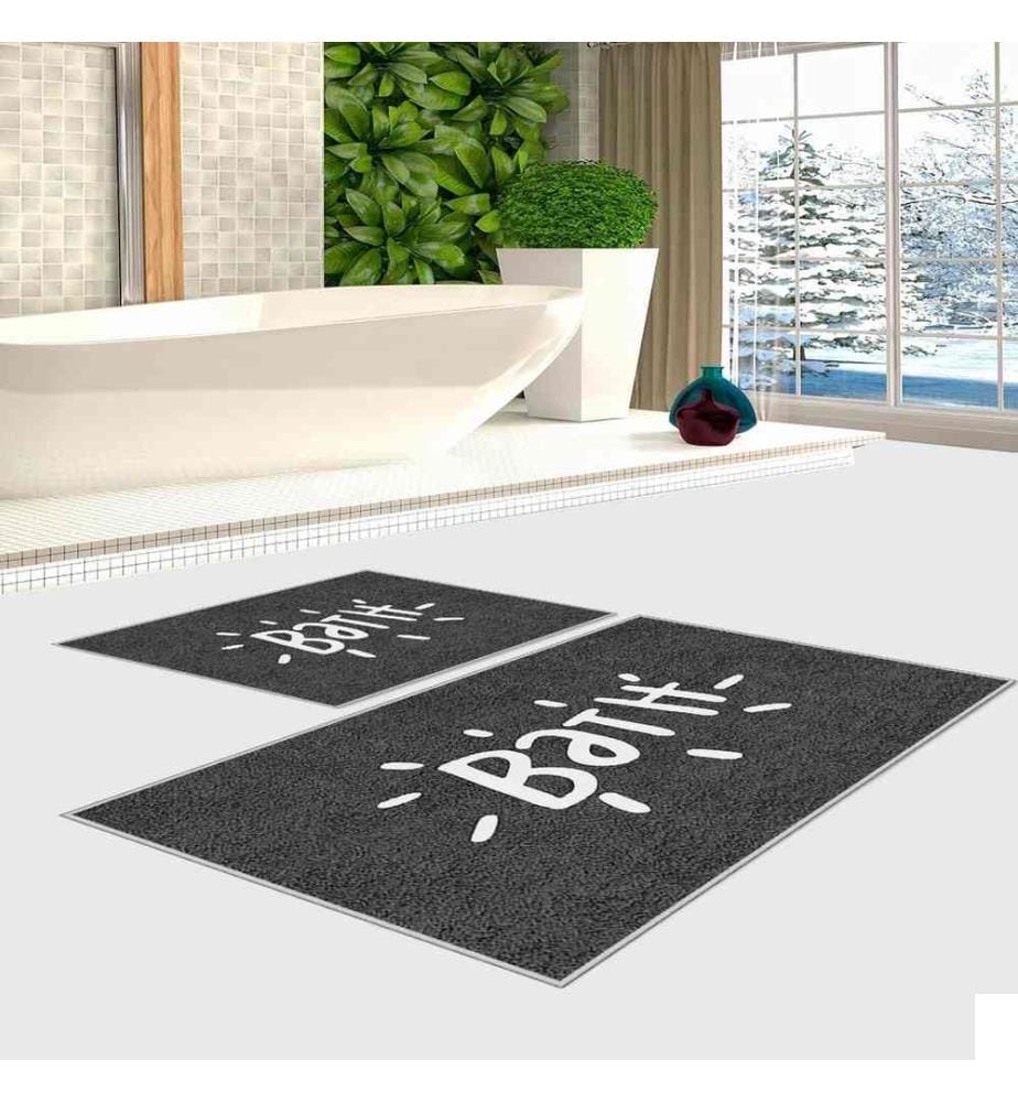 Set de tapis de bain, 2 pièces, blanc, noir, 100% polyester, 50 x 80 cm (1 pièce), 60 x 100 cm (1 pièce)