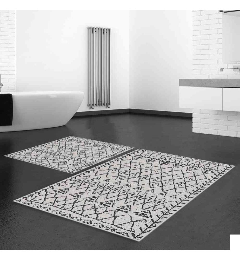 Set de tapis de bain, 2 pièces, gris, noir, 100% polyester, 50 x 80 cm (1 pièce), 60 x 100 cm (1 pièce)