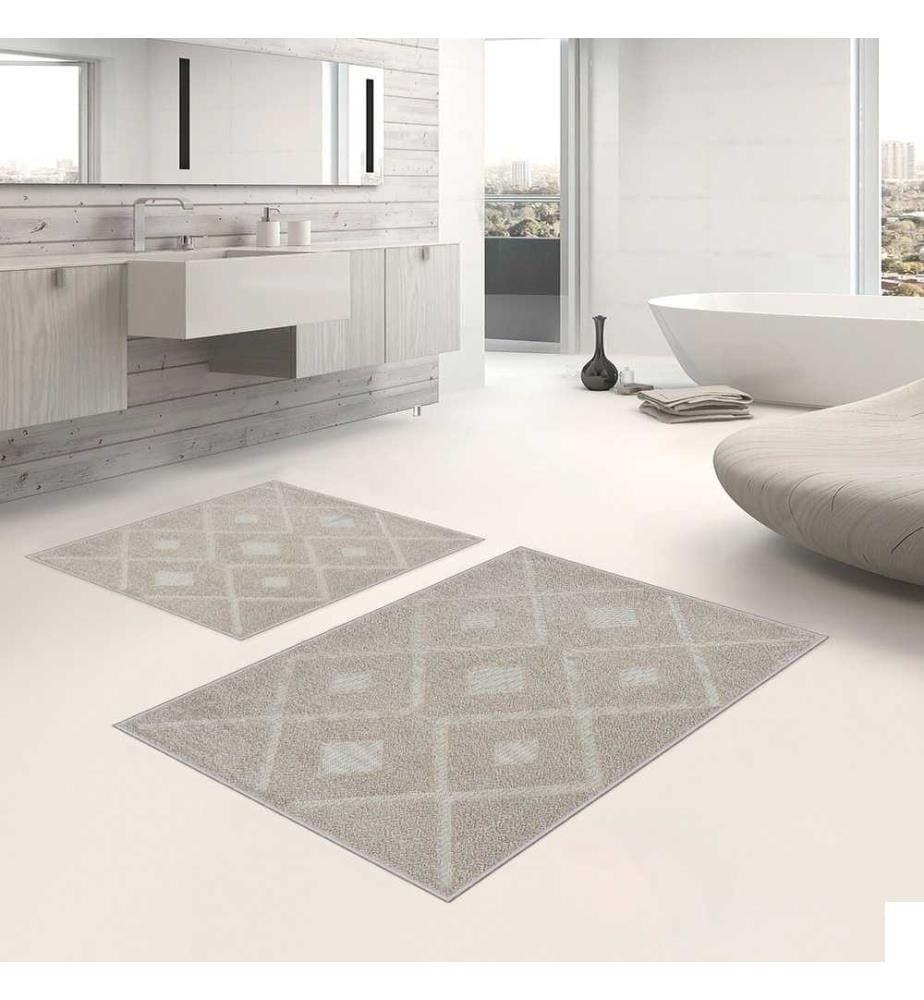 Set de tapis de bain, 2 pièces, crème, blanc, 100% polyester, 50 x 80 cm (1 pièce), 60 x 100 cm (1 pièce)
