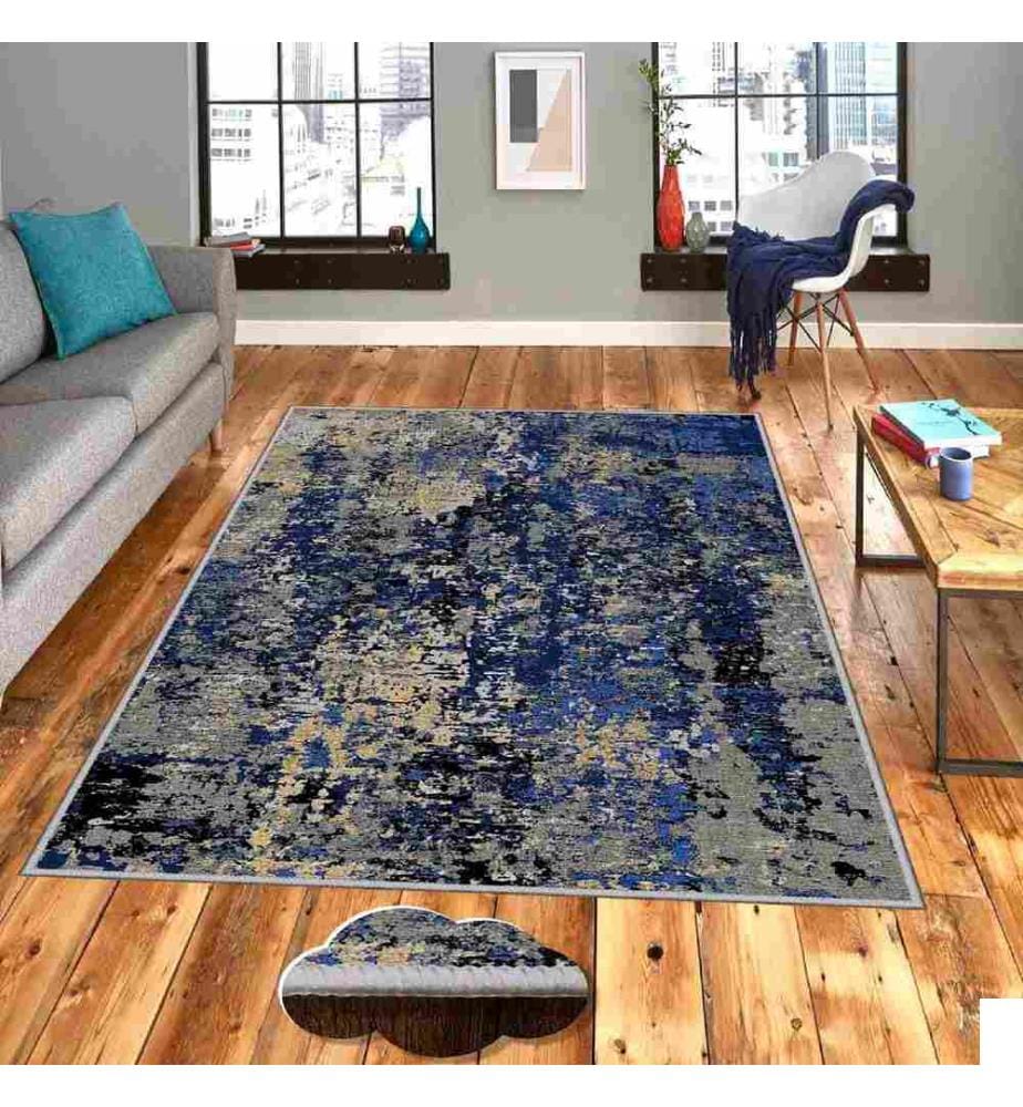 Tapis, beige, gris, bleu marine, 100% polyester, 100 x 150 cm